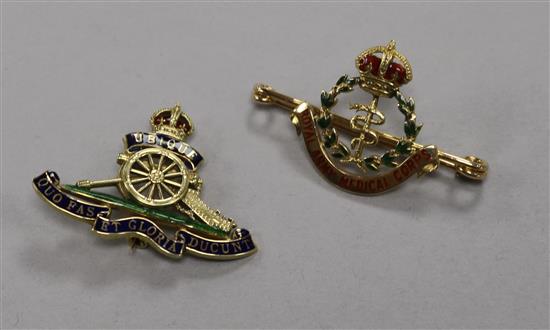 An early 20th century 15ct gold and two colour enamel Royal Army Medical Corps bar brooch   & 1 other 14ct gold brooch.